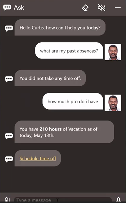 Employee chats with a digital assistant regarding time off and vacation accrual in a chatbot interface