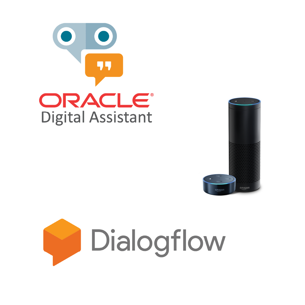 The Oracle Digital Assistant logo, Google Dialogflow logo, and Amazon Alexa smart device