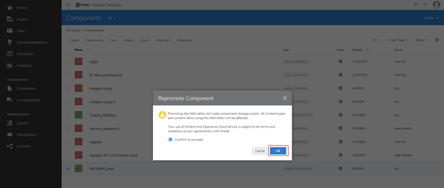 Creating a Custom CKEditor Component in OCE - repromote component pop up box, confirm to proceed box checked, click ok