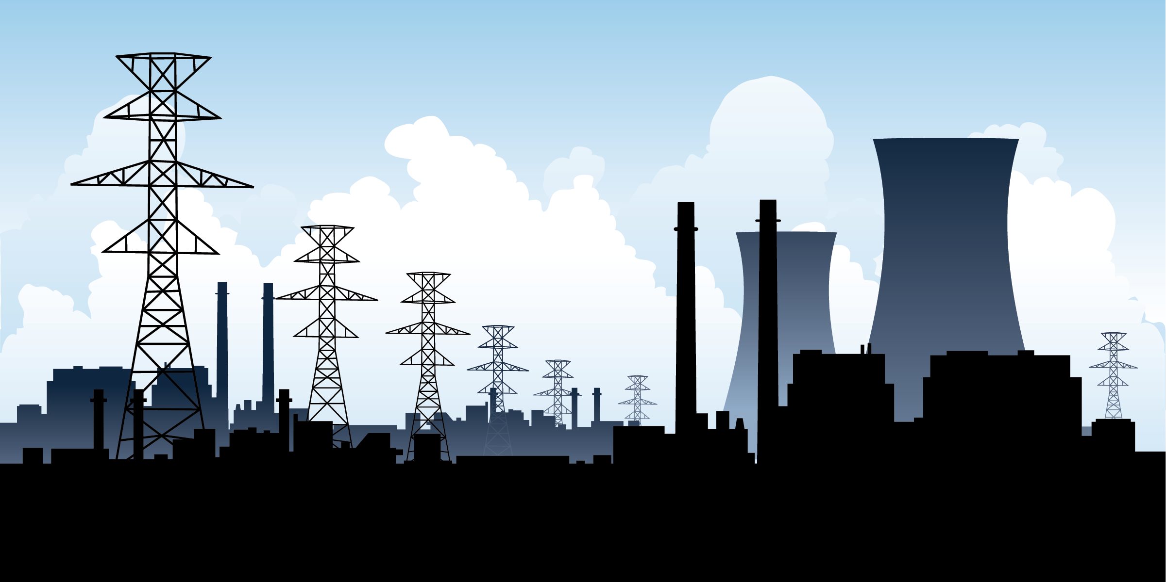 Nuclear energy reactors, power lines, and additional buildings along a blue sky