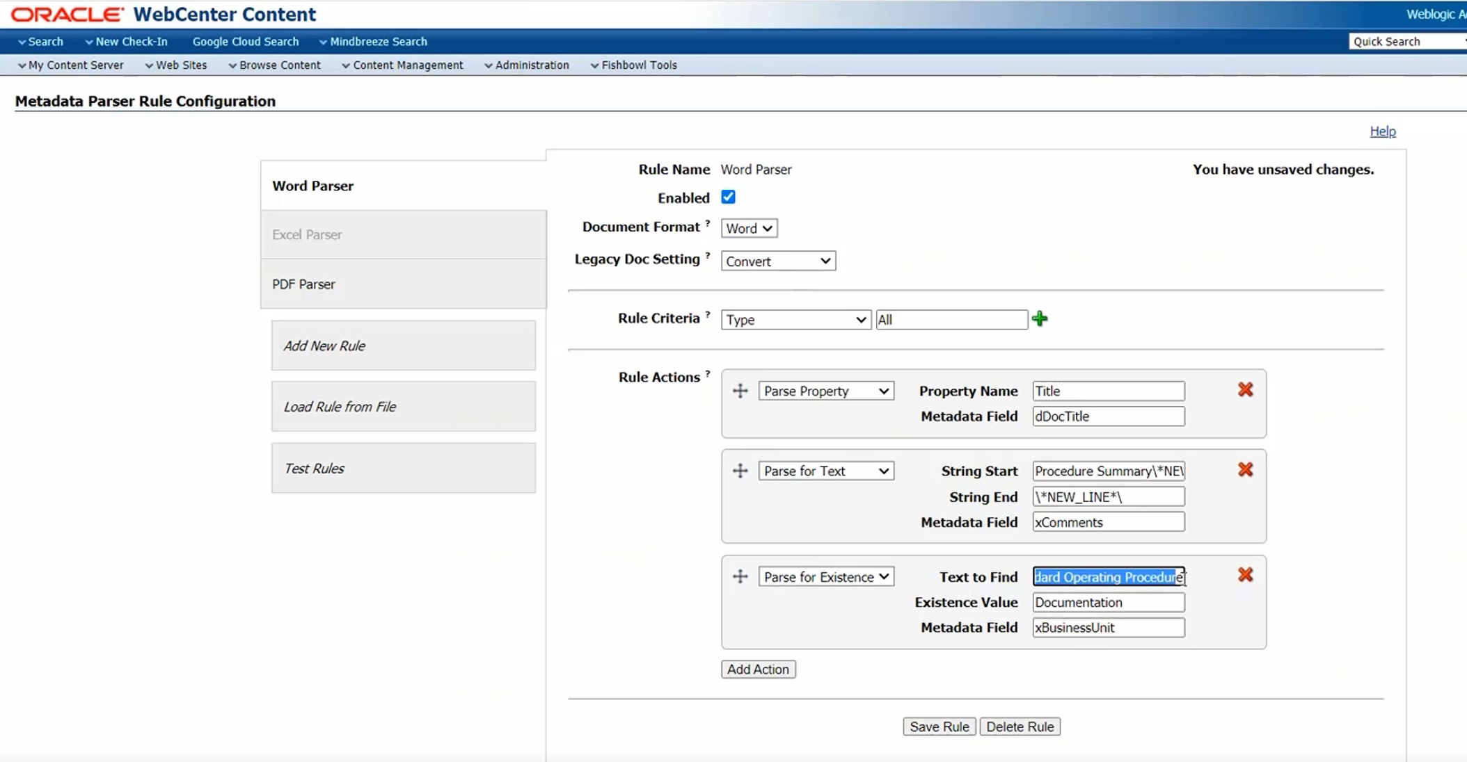 Screen grab of Oracle WebCenter's Document Automation Metadata Parser Admin page. Three new Metadata Parser rules are typed in but not yet applied.