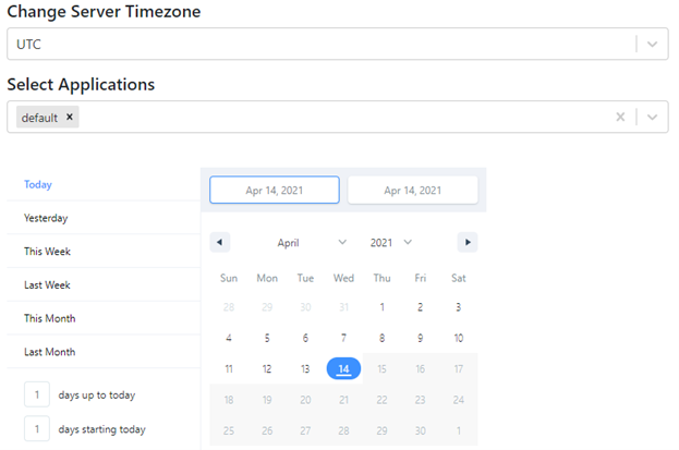 Calendar display with options for selecting server timezone and option to select applications set to default