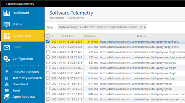 Snippet of the Software Telemetry logs