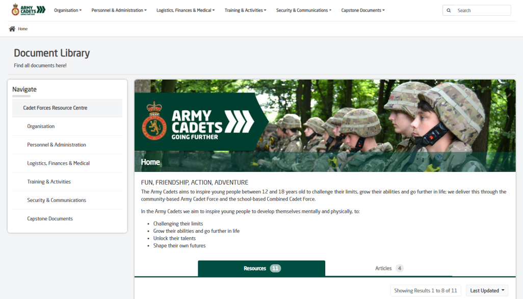 UK MoD Army Cadet Force Sample Desktop View of Site