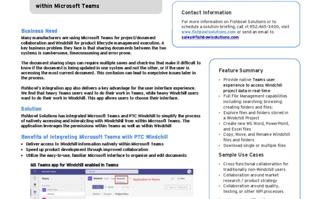 Fishbowl’s MS Teams App for PTC Windchill ProjectLink Brochure